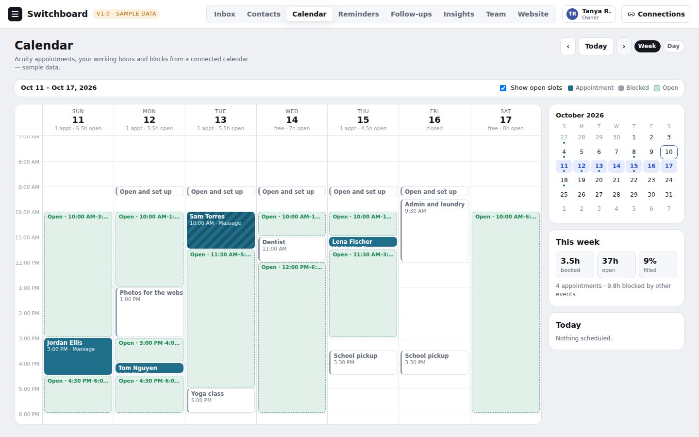 The week calendar showing appointments, blocked time and open slots