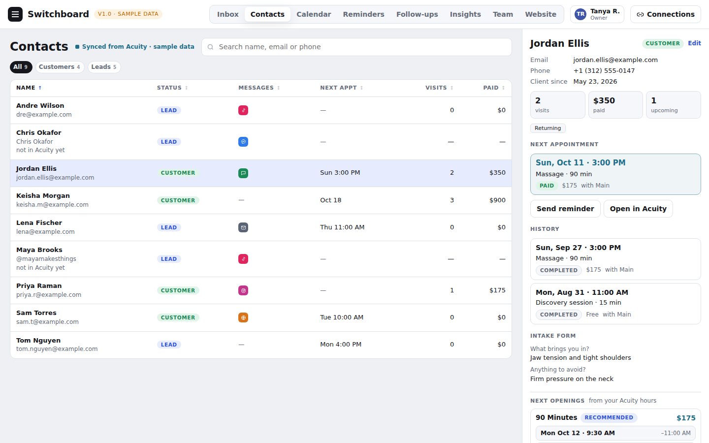 The contacts list with a client's details open
