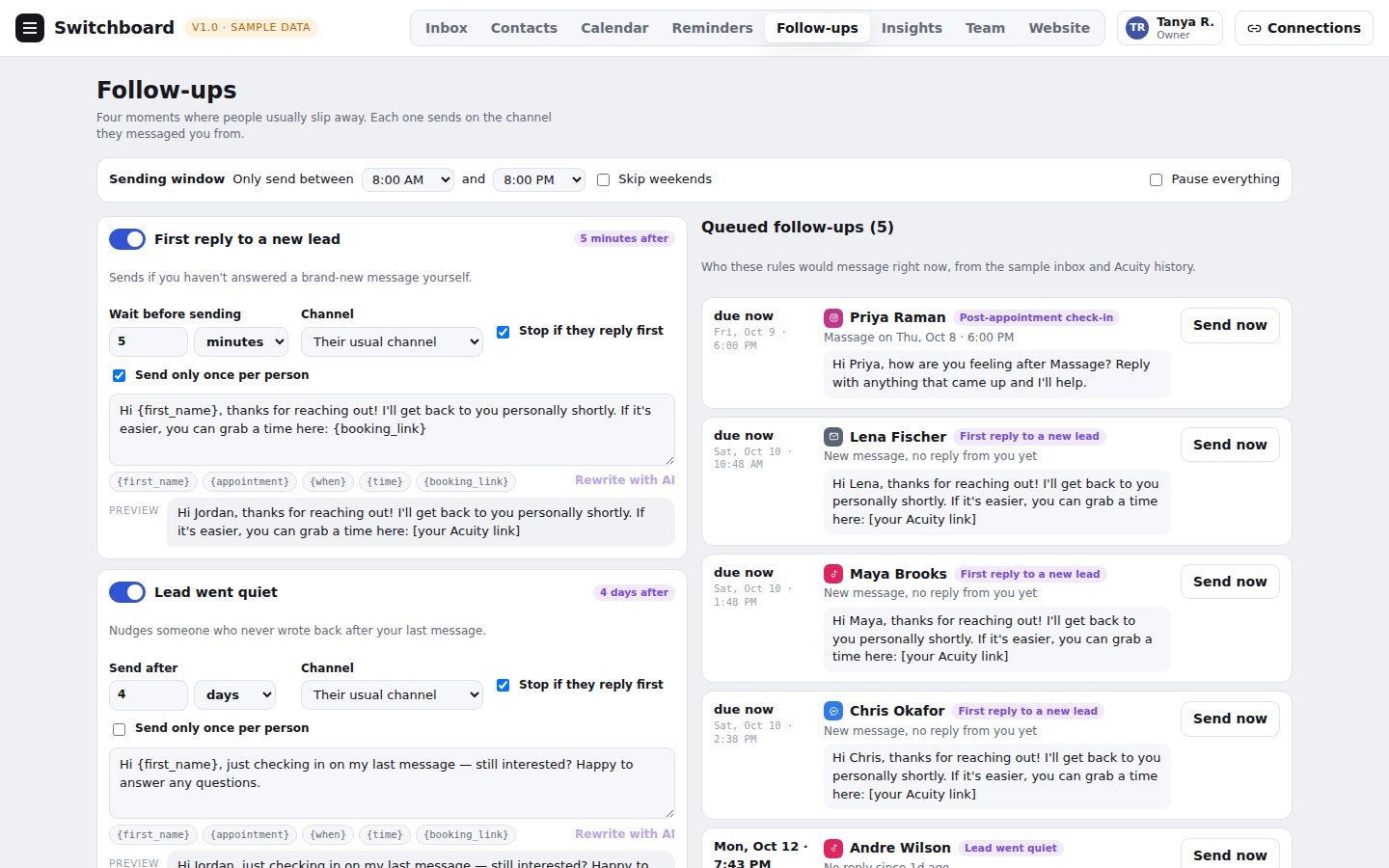 The follow-ups page with rules and the list of queued messages
