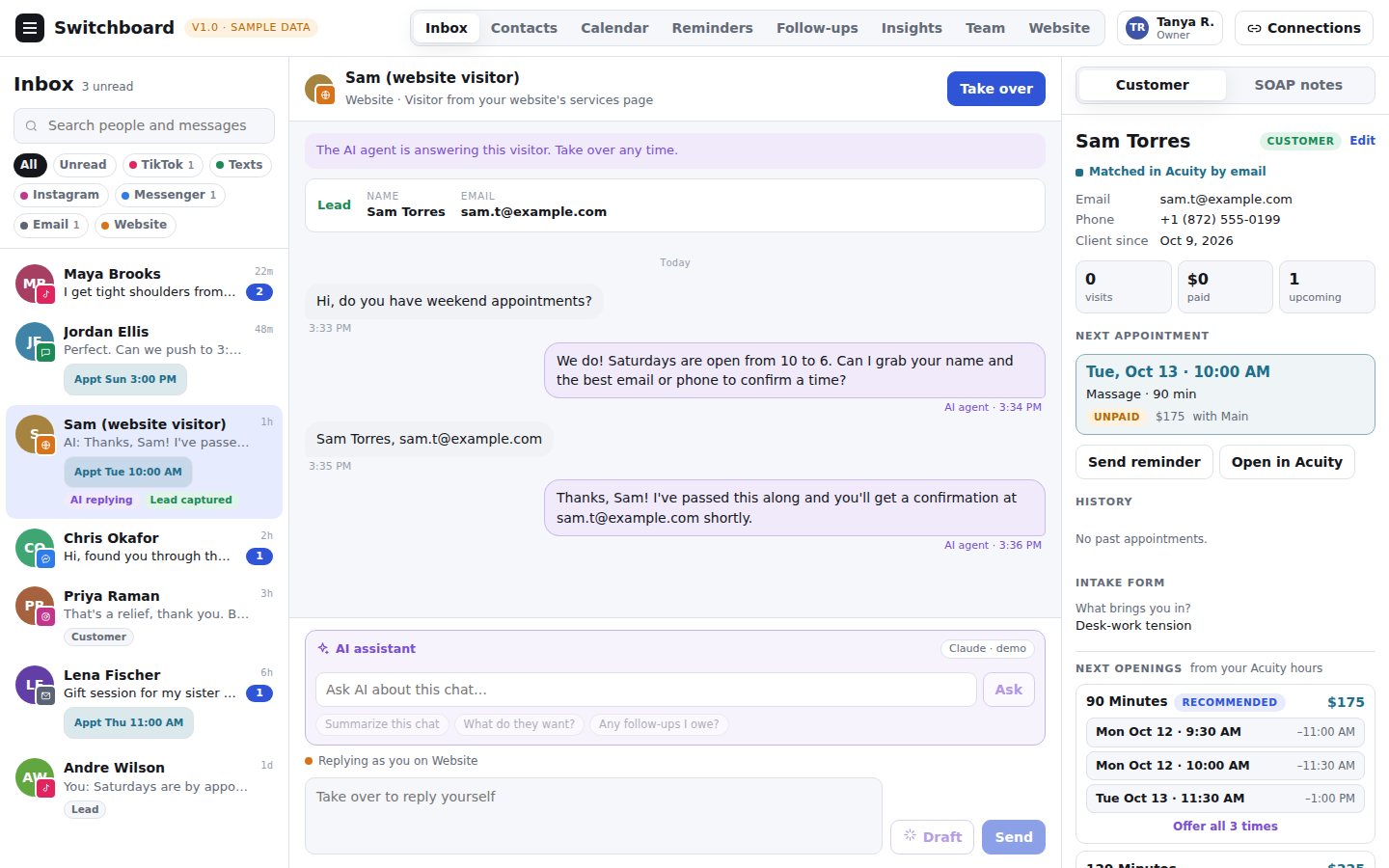 A website visitor's chat in the inbox, with the captured contact details shown