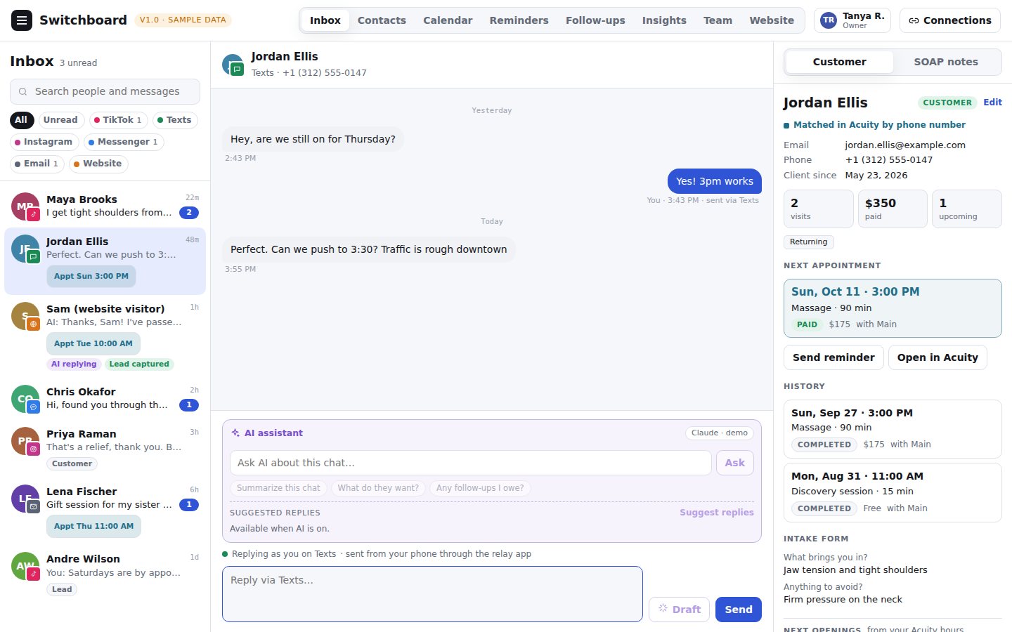 The Switchboard inbox: a conversation with a client, and her next Acuity appointment shown beside it