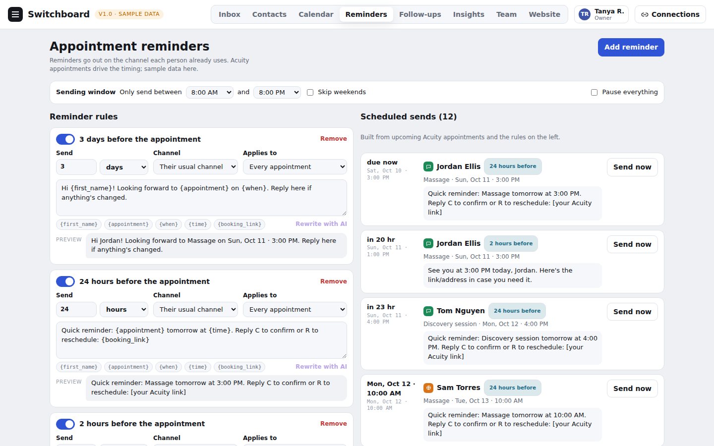 The appointment reminders page with rules and the list of scheduled sends